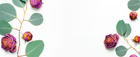 Flat lay flowers composition. Frame made of dried rose flowers and sprigs of eucalyptus on white background top view copy space. Flowers background. Design element for greeting card.の写真素材