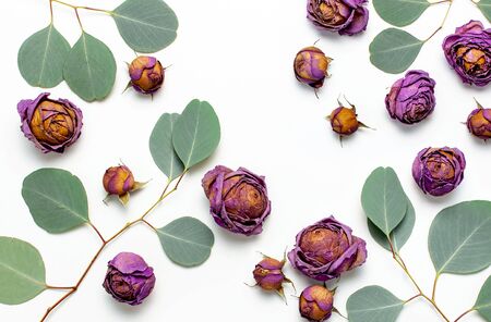 Flat lay flowers composition. Dried rose flowers and sprigs of eucalyptus on white background top view copy space. Flowers background. Design element for greeting card.の写真素材