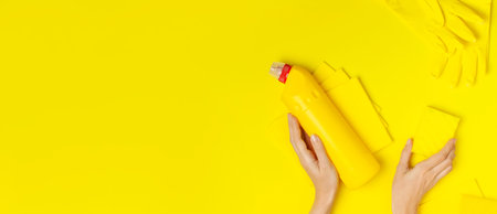 House cleaning concept. Women's hands hold household chemicals disinfectant antibacterial gel yellow...