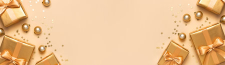 Merry Christmas and Happy Holidays greeting card. Beautiful golden gift with balls and confetti stars on gold background top view Flat lay. New Year presents Festive decorations 2020 celebration.の写真素材