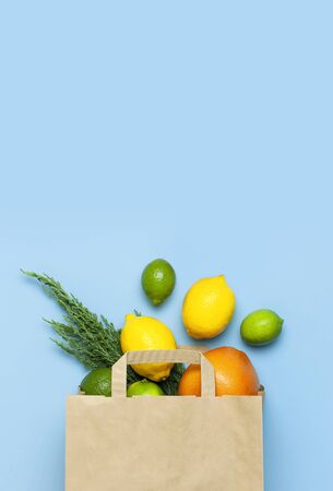 Creative background with tropical fruits. Orange, lemon, lime, grapefruit drop out of paper bag on blue background. Flat lay top view copy space. Food concept, vitamin C, disease prevention, flu.の写真素材