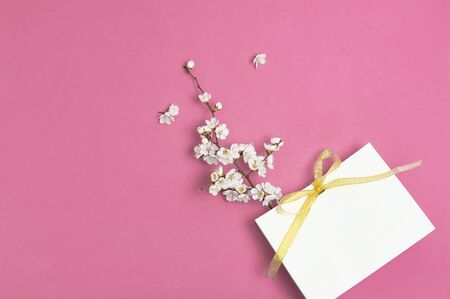 White gift bag with gold ribbon and branch of spring white flowers on bright pink background. Greeting card with delicate flowers Pink floral background. Spring minimal concept. Flat lay top view.の写真素材