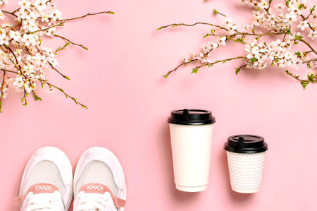 Female Fashionable Sneakers, Coffee or tea paper cup and spring branches of white flowers on pink...