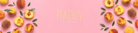 Summer fruit background. Flat lay composition with peaches. Ripe juicy peaches with green leaves on pink background. Flat lay top view copy space. Fresh organic fruit vegan food. Harvest concept.の写真素材