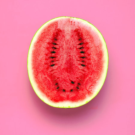Creative summer food concept. Half and pieces of ripe juicy red watermelon on bright pink...
