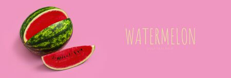 Creative summer food concept. Half and pieces of ripe juicy red watermelon on bright pink background. Flat lay, top view, copy space. Juicy Fresh Summer Berry.の写真素材