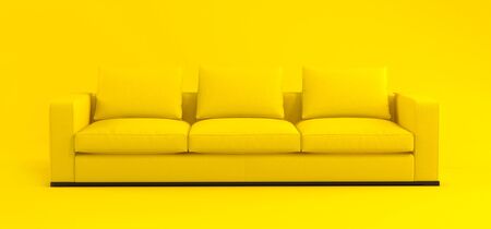 Creative interior layout. Minimalistic style. Modern scandinavian yellow sofa on a yellow background with shadow. Template for advertising, design. Furniture, interior object, stylish couch.の写真素材