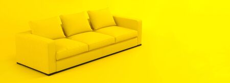Creative interior layout. Minimalistic style. Modern scandinavian yellow sofa on a yellow background with shadow. Template for advertising, design. Furniture, interior object, stylish couch.の写真素材