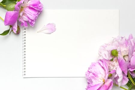 Blank clean white notepad album, beautiful pink peonies flowers on gray background. Top view flat lay copy space. Female desktop, woman working desk, breakfast, time for planning.の写真素材