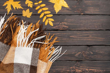 Woolen checkered plaid. Autumn background. Checkered yellow brown plaid with golden leaves on dark wooden background top view. Cozy fall composition.の写真素材