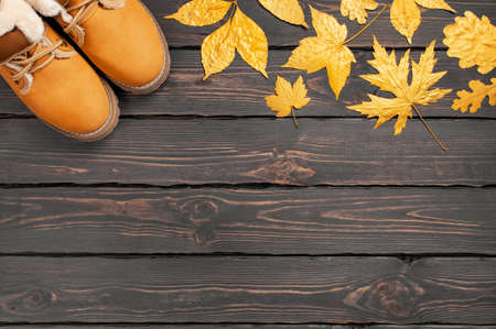 Autumn Fashion Concept. Brown Orange leather women boots with fur, golden autumn leaf on brown wooden background top view copy space. Autumn shoes. Fashionable womens footwear. Cozy fall compositionの写真素材