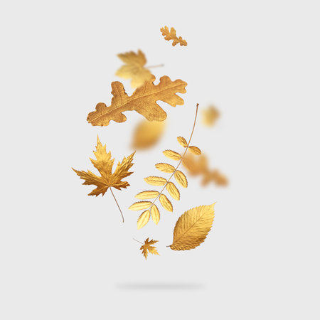 Golden flying autumn leaves of different shapes on light gray background. Autumn concept, fall background. Minimal floral design, autumn leaf frame. Golden twig. Autumn creative compositionの写真素材