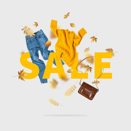 Autumn sale Fall shopping. Yellow flying womens knitted sweater blue jeans leather bag golden autumn...