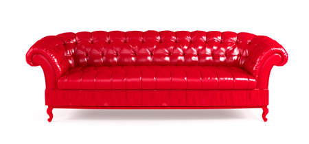 Red quilted leather sofa isolated on white background front view. Template for advertising, design, stylish vintage chester sofa. single piece of furniture. Bright luxury red couch.の写真素材