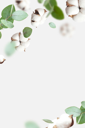 Flying cotton flowers, green twigs of eucalyptus on light gray background. Creative Floral background with cotton, delicate flowers of fluffy cotton. Flat lay flowers composition, greeting card.の写真素材