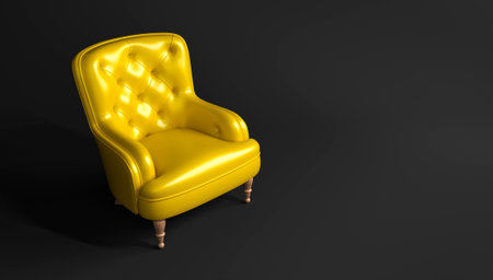 Yellow leather armchair with a quilted back and wooden legs on black background side view. Creative minimalistic interior, stylish fashionable leather armchair, classic sofa, single piece of furniture.の写真素材