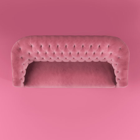 Fashionable comfortable stylish pink fabric sofa with black legs on pink background with shadow. Pink interior, showroom, single piece of furniture. Vilyura, velvet sofa. luxury couch top view.の写真素材