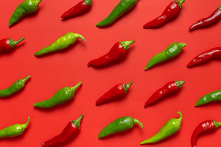 Hot red and green fresh chili peppers on red background flat lay top view. Seasoning for dish, spicy spices for cooking, cayenne pepper, food. Creative layout, chili pattern.の写真素材