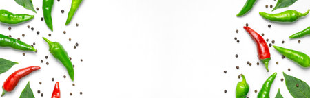 Hot red and green fresh chili peppers, dry black peppercorns on white background flat lay top view. Seasoning for dish, spicy spices for cooking, cayenne pepper, food. Creative layout, chili pattern.の写真素材