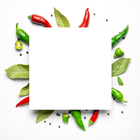 creative food layout. Hot red and green fresh chili peppers Bay leaf dry black peppercorns, white...