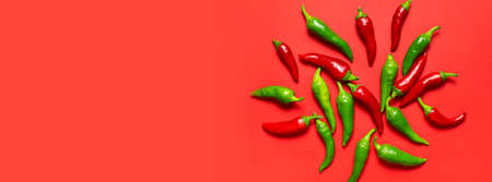 Hot red and green fresh chili peppers on red background flat lay top view copy space. Seasoning for dish, spicy spices for cooking, cayenne pepper, food. Creative layout, chili pattern. Banner.の写真素材