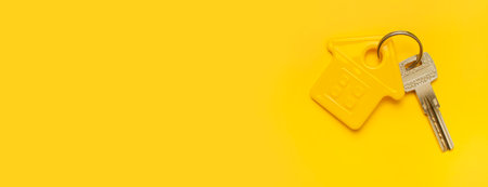 House symbol and metal keys on yellow background flat lay top view copy space. house door keys. Concept of buying home, apartment. Renting a house, real estate. Mortgage, credit, real estate insurance.の写真素材