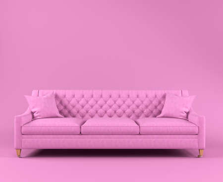 Modern scandinavian classic pink sofa with wooden legs and pillows on pink background. Furniture, interior object, stylish sofa. Pink creative interior, showroom. Fabric sofa front view. single piece.の写真素材