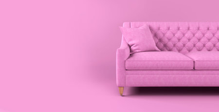 Modern scandinavian classic pink sofa with wooden legs and pillows on pink background. Furniture,...