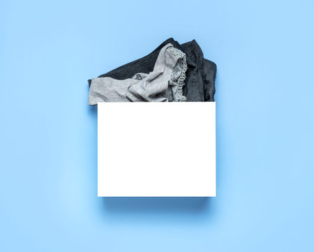 Women's and men's gray panties, underwear from white paper bag on blue background. Natural fabric...