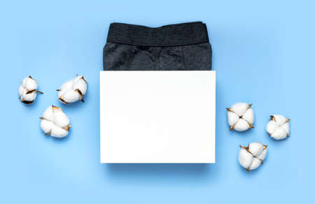 Men's underwear, gray underpants from white paper bag, cotton flowers on blue background. Natural fabric concept, eco style. Flat lay top view. Fashion underwear, advertising, shopping. Pants boxers.の写真素材