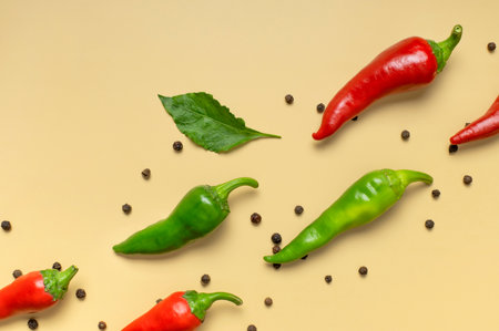 Hot red and green fresh chili peppers, dry black peppercorns on beige background flat lay top view. Seasoning for dish, spicy spices for cooking, cayenne pepper, food. Creative layout, chili pattern.の写真素材