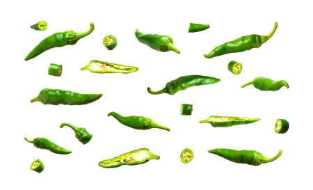 Green fresh chili pepper isolated on white background. Seasoning for dish, hot pepper, spicy spices for cooking, cayenne pepper, food. Set of peppers of different shapes for your design.の写真素材