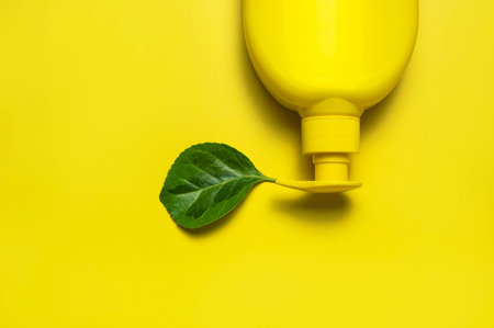 natural organic cosmetics. Beauty spa branding mockups. Yellow bottle cosmetic container fresh green...