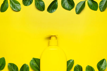natural organic cosmetics. Beauty spa branding mockups. Yellow bottle cosmetic container fresh green...