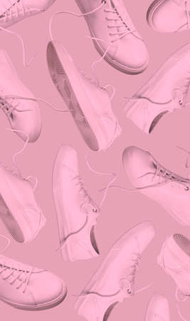 Flying white leather womens sneakers on pink background, different kind. Fashionable stylish sports casual shoes. Creative minimalistic pink toned mockup with footwear. Advertising for shoe store.の写真素材