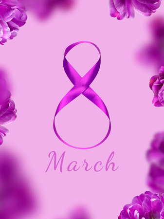 Number 8 from purple ribbon and flying tulips on purple background. International Women's Day....