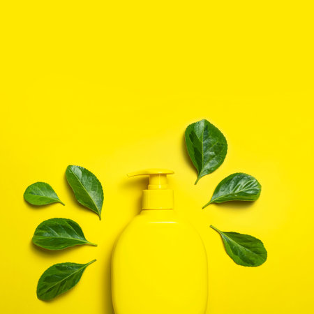 natural organic cosmetics. Beauty spa branding mockups. Yellow bottle cosmetic container fresh green...