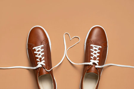 Leather brown men's sneakers with white laces and rubber soles on beige background. Flat lay top...
