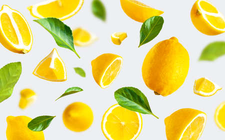 Juicy ripe flying yellow lemons, green leaves on light gray background. creative food concept. Tropical organic fruit, citrus, vitamin C. Lemon slices. Summer minimalistic bright fruit background.の写真素材