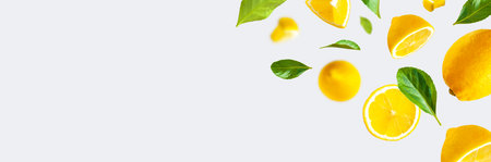 Juicy ripe flying lemons, green leaves on light gray background. creative food concept. Tropical organic fruit, citrus, vitamin C. Lemon whole and sliced. Summer minimalistic bright fruit background.の写真素材