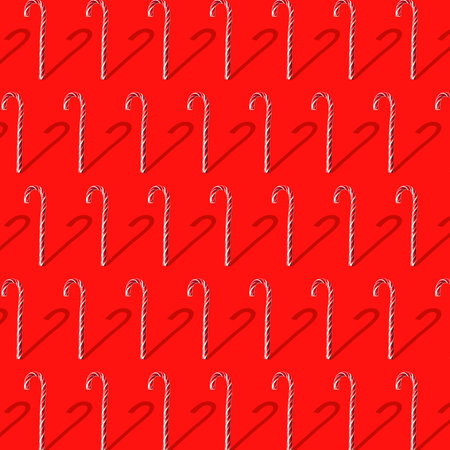 Traditional Christmas candy cane, lollipop on red background pattern flat lay. Creative new year...
