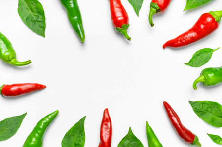 Hot red and green fresh chili peppers, green leaves on white background flat lay top view. Seasoning...