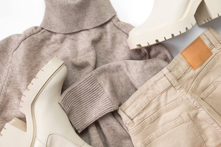 Female beige sweater turtleneck jumper, beige jeans, leather boots on light gray background top...