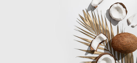 Fresh whole and broken pieces tropical coconut nut with sunny contrast shadows, gold palm leaf on...