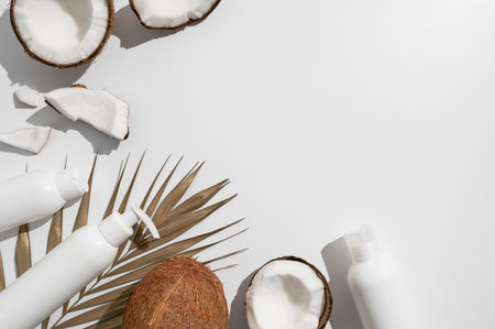 White cosmetic bottles broken fresh coconut with sunny contrast shadows palm leaf on gray...