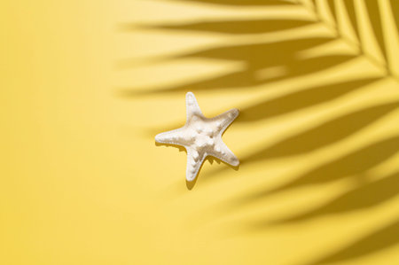 Decorative starfish, sunny tropical leaf shadow on yellow background flat lay top view. summer...