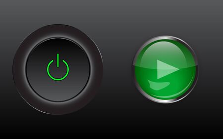 Set of buttons: play, power. Design elements for website or app. Vector illustration. Black background.のイラスト素材