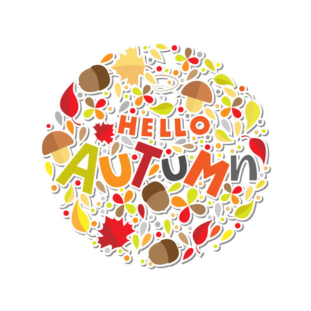Hello Autum lettering typography with botanic elements: acorns, leaves, mushrooms. Modern autumn fest calligraphy. Vector illustration on white background as poster, postcard, card, invitation template.のイラスト素材