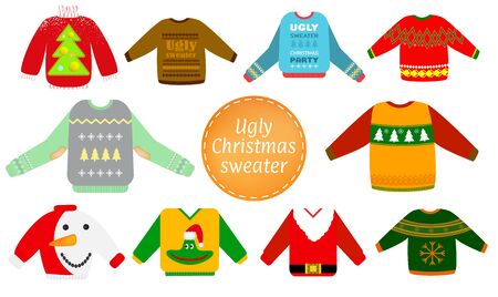 Ugly Christmas sweaters vector set in red and green colors, Sweater party clip art collection for invitations, Happy New Year greeting card template. Cute and funny vector illustration.のイラスト素材