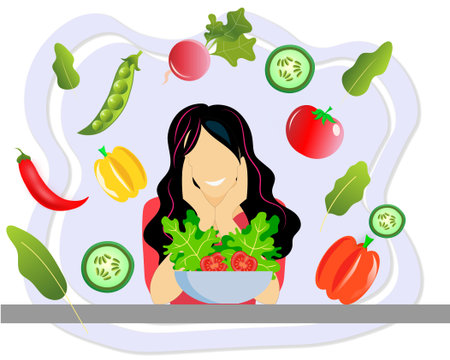 Healthy food eating concept, fresh organic vegetables, smiling slim your brunette sitting, healthy choice. High quality illustrationの写真素材
